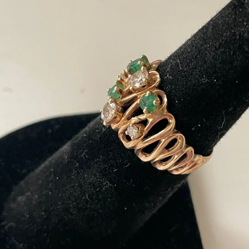 Baden & Foss 14K Yellow Gold B & F Designer Emerald Diamond Vintage Ring Sz 7